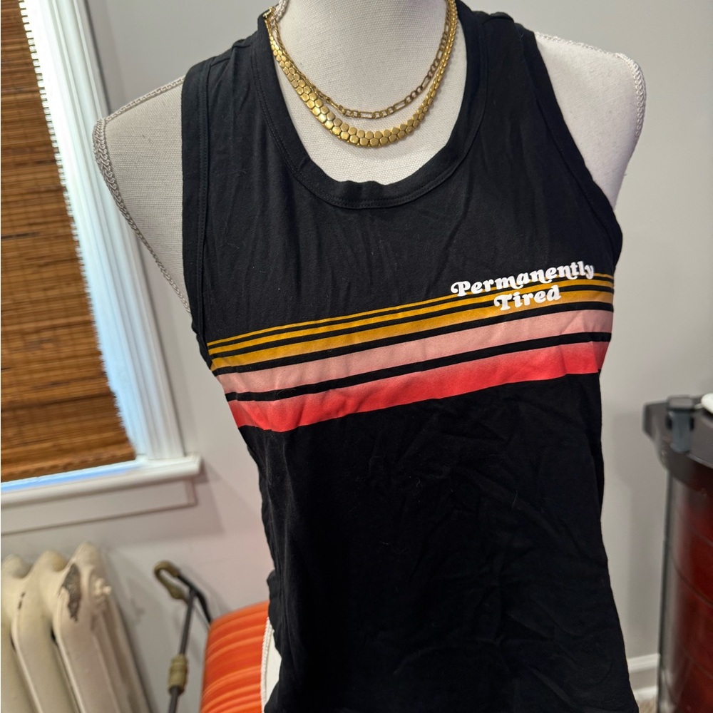 Black Graphic Tank Top with Stripes - Picture 1 of 5